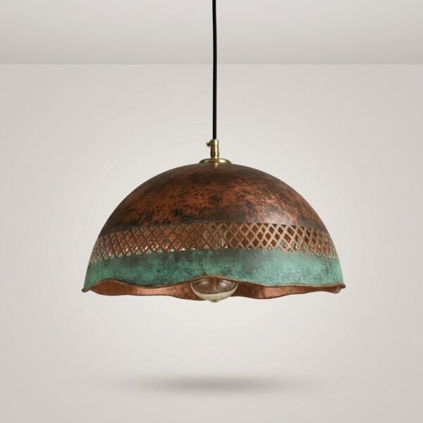 Handmade Copper Pendant Light with Perforated Pattern & Verdigris Edge