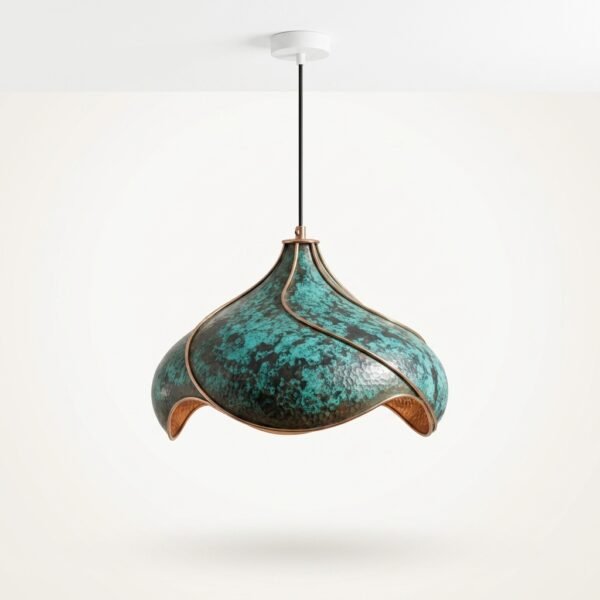 Handmade Copper Pendant Light with Green Patina and Sculpted Edge